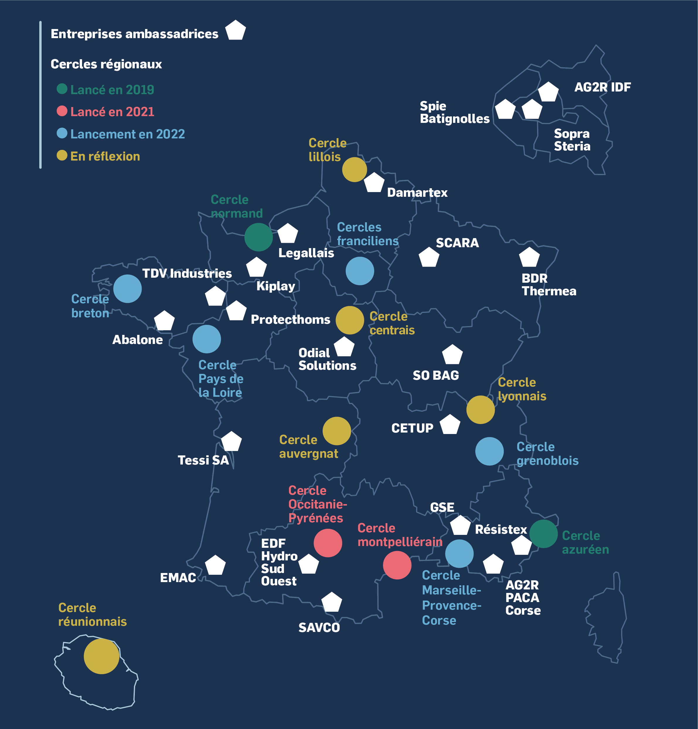 Carte des cercles regionaux des entreprises ambassadrices du Pacte mondial Réseau France